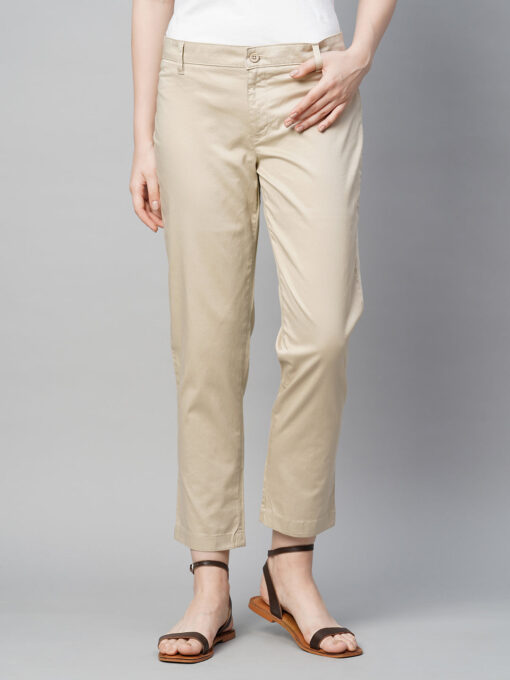 Women's Beige Cotton Elastane Regular Fit Pant - Image 2