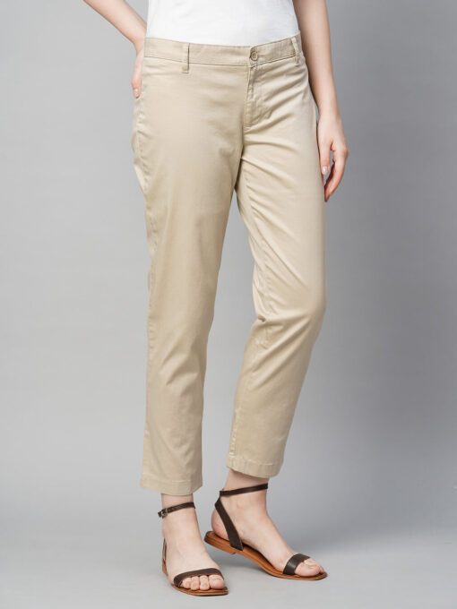 Women's Beige Cotton Elastane Regular Fit Pant - Image 3