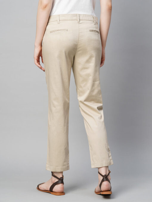 Women's Beige Cotton Elastane Regular Fit Pant - Image 5