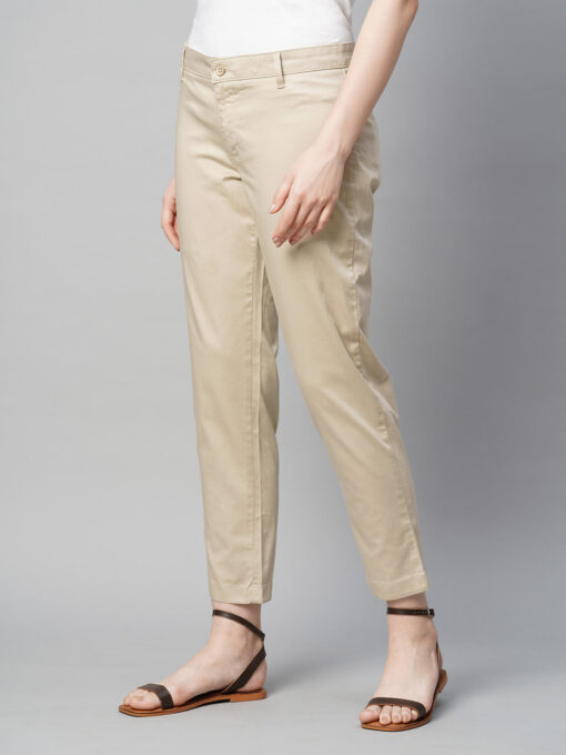 Women's Beige Cotton Elastane Regular Fit Pant - Image 4