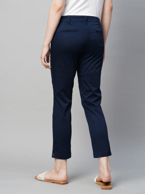 Women's Navy Cotton Elastane Regular Fit Pant - Image 5