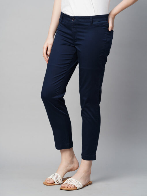 Women's Navy Cotton Elastane Regular Fit Pant - Image 3