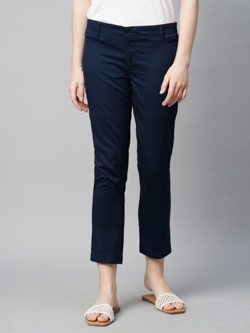 Women's Navy Cotton Elastane Regular Fit Pant - Image 2