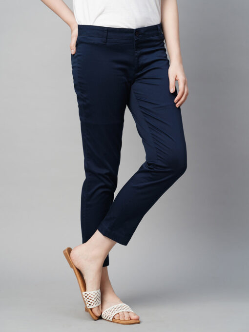 Women's Navy Cotton Elastane Regular Fit Pant - Image 4