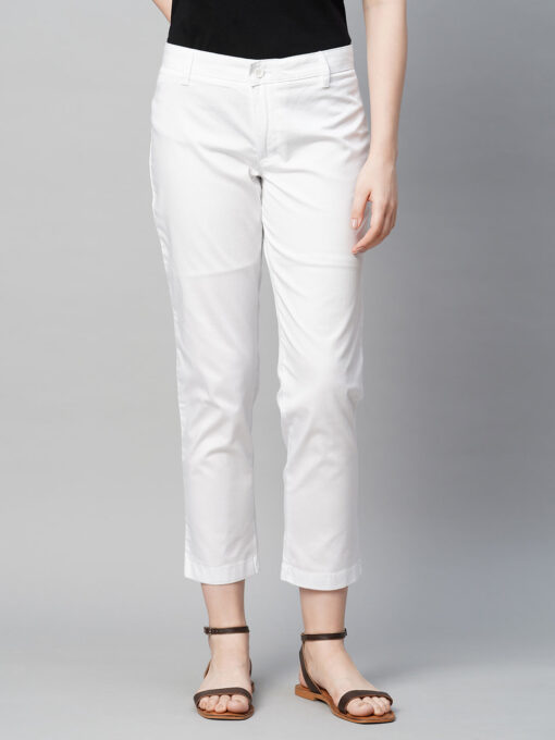 Women's White Cotton Elastane Regular Fit Pant - Image 2