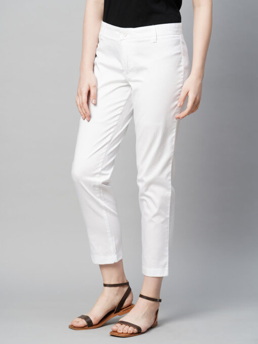 Women's White Cotton Elastane Regular Fit Pant - Image 3