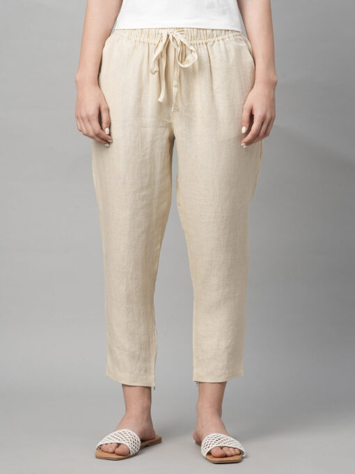 Women's Beige Linen Regular Fit Pant - Image 2