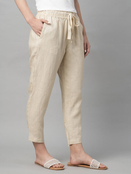 Women's Beige Linen Regular Fit Pant - Image 4