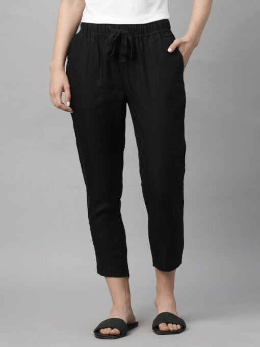 Women's Black Linen Regular Fit Pant - Image 2