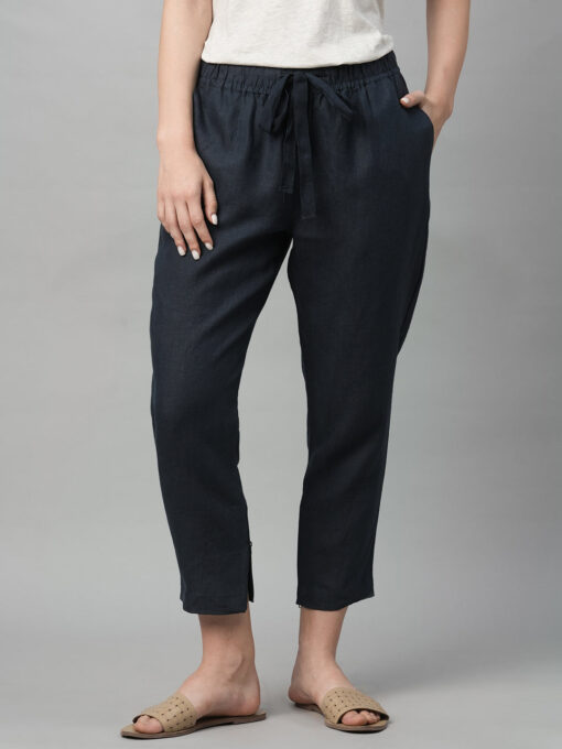 Women's Navy Linen Regular Fit Pant - Image 2