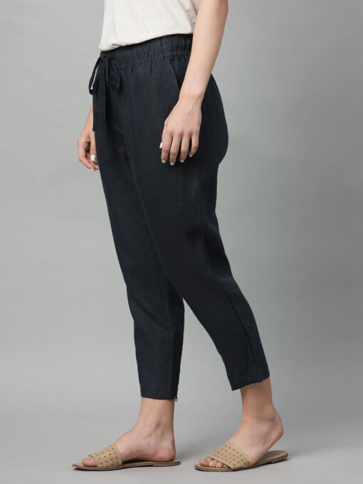 Women's Navy Linen Regular Fit Pant - Image 3