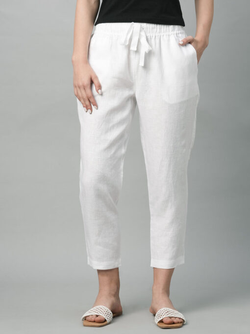 Women's White Linen Regular Fit Pant - Image 2