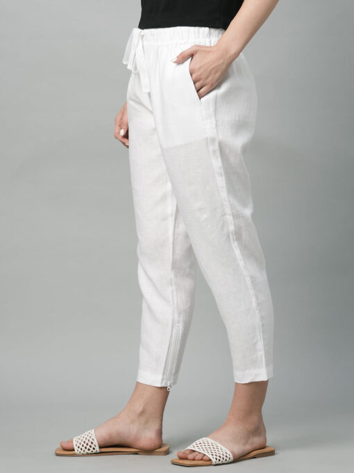 Women's White Linen Regular Fit Pant - Image 3