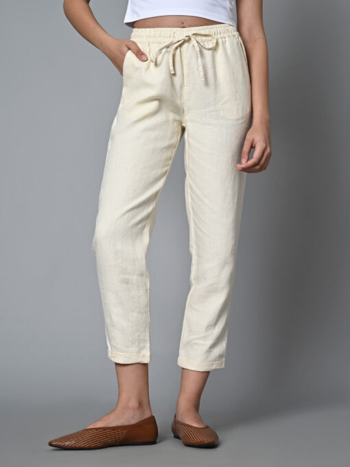 Women's Offwhite Linen Regular Fit Pant - Image 2