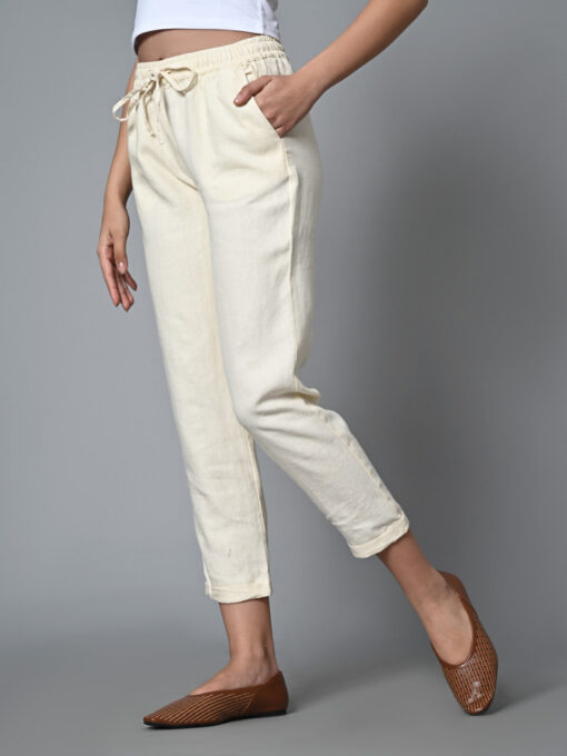 Women's Offwhite Linen Regular Fit Pant - Image 3