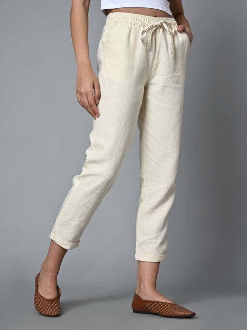 Women's Offwhite Linen Regular Fit Pant - Image 4