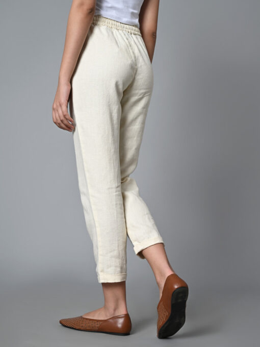 Women's Offwhite Linen Regular Fit Pant - Image 5