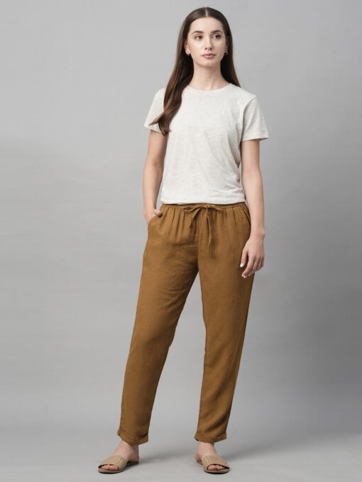 Women's Mustard Linen Viscose Regular Fit Pant