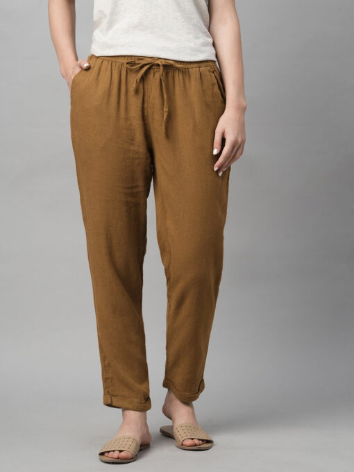 Women's Mustard Linen Viscose Regular Fit Pant - Image 2