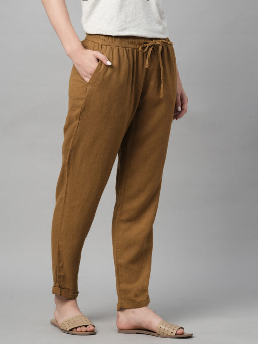 Women's Mustard Linen Viscose Regular Fit Pant - Image 4