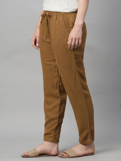 Women's Mustard Linen Viscose Regular Fit Pant - Image 3