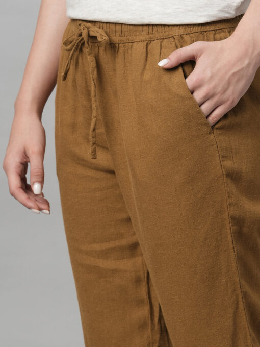 Women's Mustard Linen Viscose Regular Fit Pant - Image 6