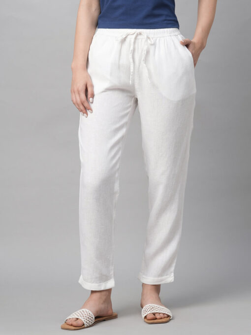 Women's White Linen Viscose Regular Fit Pant - Image 2