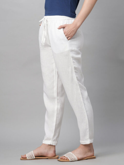 Women's White Linen Viscose Regular Fit Pant - Image 3