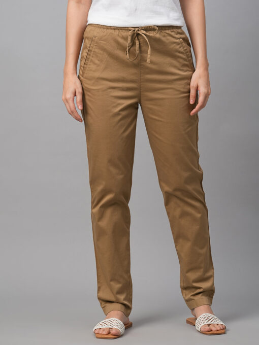 Women's Khaki Cotton Lycra Regular Fit Pant - Image 2