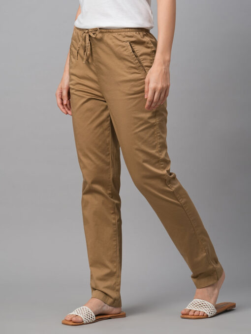 Women's Khaki Cotton Lycra Regular Fit Pant - Image 3