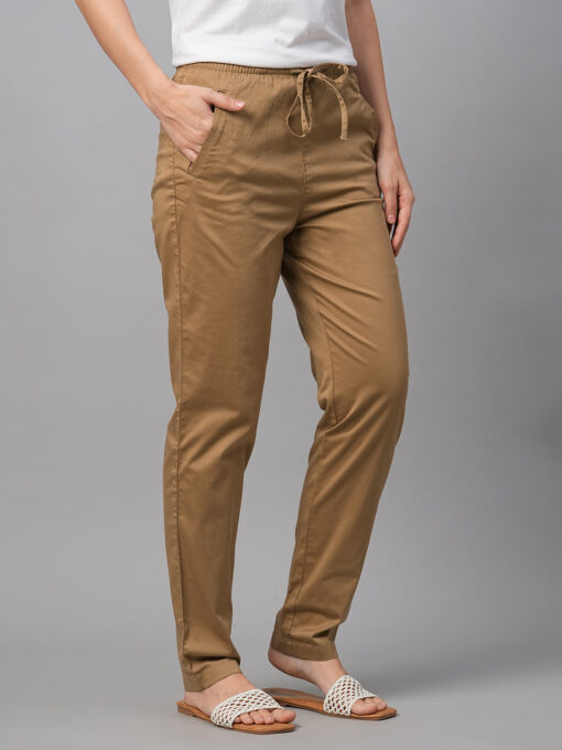 Women's Khaki Cotton Lycra Regular Fit Pant - Image 4