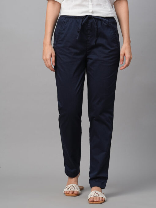 Women's Navy Cotton Lycra Regular Fit Pant - Image 2