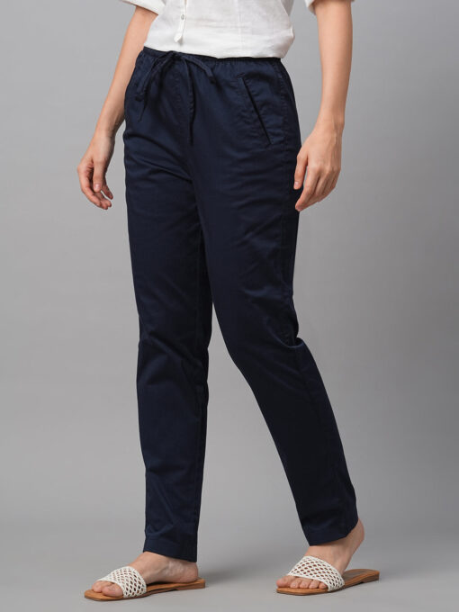 Women's Navy Cotton Lycra Regular Fit Pant - Image 3