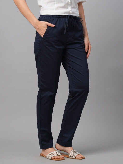 Women's Navy Cotton Lycra Regular Fit Pant - Image 4