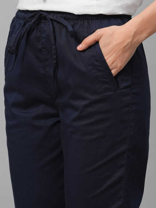 Women's Navy Cotton Lycra Regular Fit Pant - Image 6