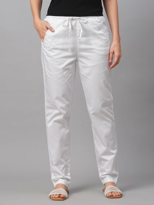 Women's White Cotton Lycra Regular Fit Pant - Image 2