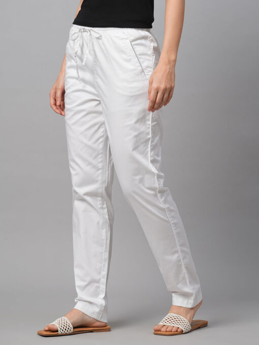 Women's White Cotton Lycra Regular Fit Pant - Image 3