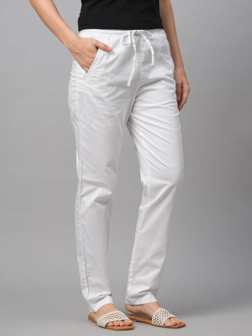 Women's White Cotton Lycra Regular Fit Pant - Image 4