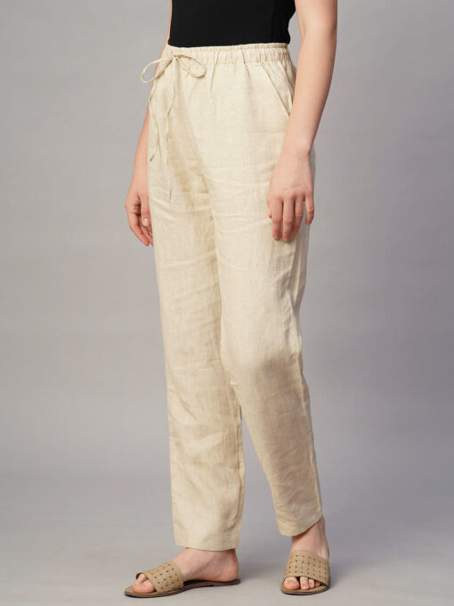 Women's Beige Linen Regular Fit Pant - Image 3