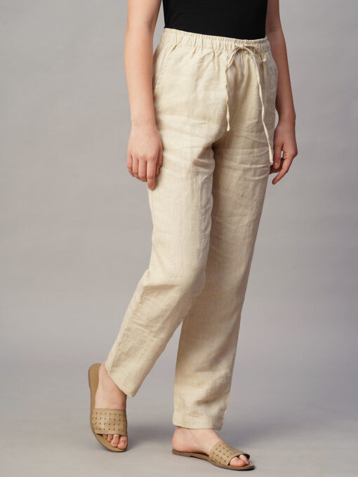 Women's Beige Linen Regular Fit Pant - Image 4