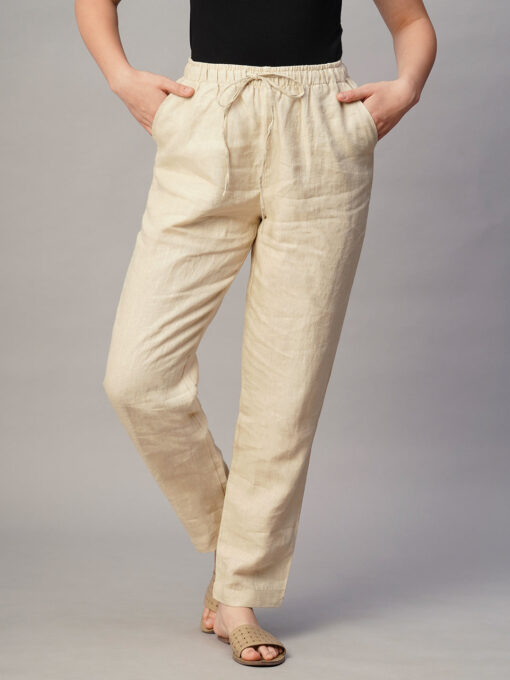 Women's Beige Linen Regular Fit Pant - Image 6