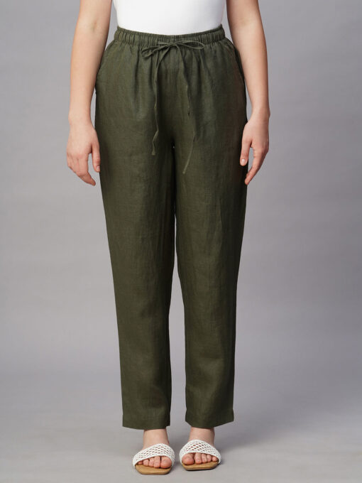 Women's Olive Linen Regular Fit Pant - Image 2