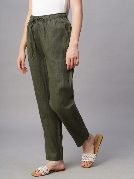 Women's Olive Linen Regular Fit Pant - Image 3