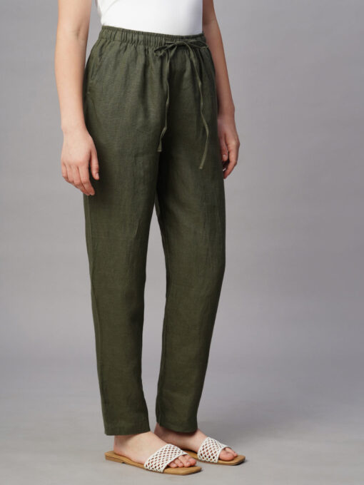 Women's Olive Linen Regular Fit Pant - Image 4