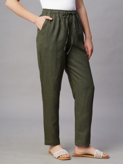 Women's Olive Linen Regular Fit Pant - Image 5