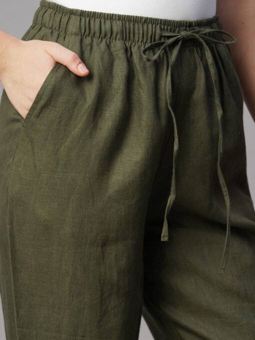 Women's Olive Linen Regular Fit Pant - Image 6