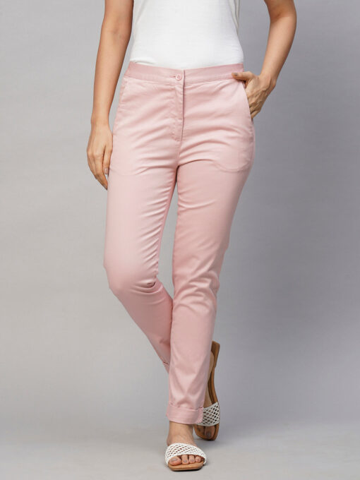 Women's Pink Cotton Lycra Slim Fit Pant - Image 2