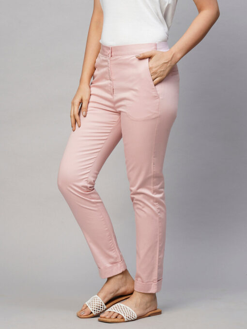 Women's Pink Cotton Lycra Slim Fit Pant - Image 3