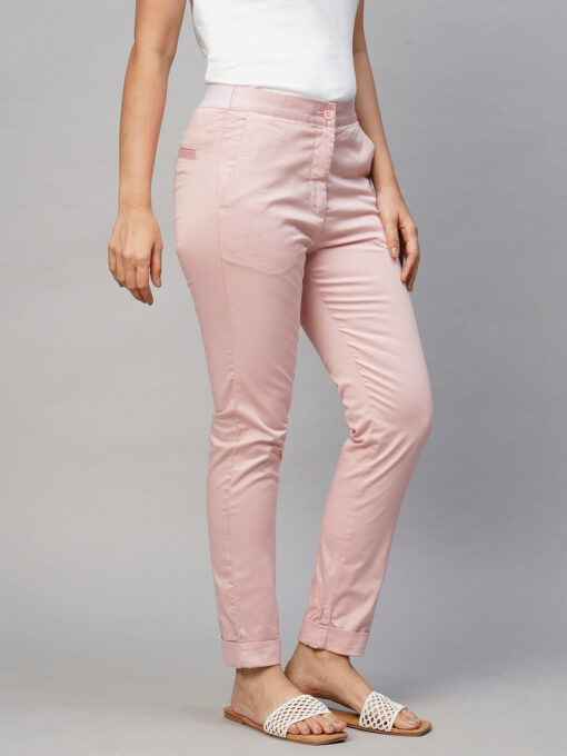 Women's Pink Cotton Lycra Slim Fit Pant - Image 4