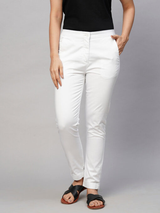 Women's White Cotton Lycra Slim Fit Pant - Image 2